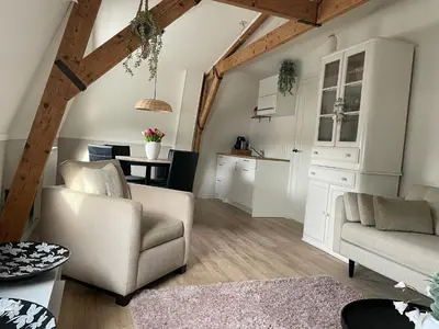 a living room with two chairs and a kitchen at Veldhorst Apartments in Leiden