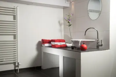 a bathroom counter with a sink and a mirror at B&B Chez Cho in Utrecht