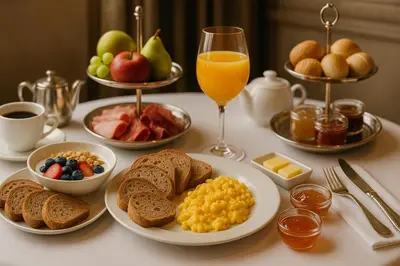 a table with plates of breakfast foods and a glass of orange juice at Suitehotel Posthoorn in Monnickendam