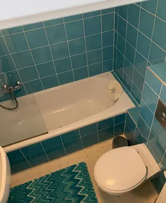 a blue tiled bathroom with a toilet and a tub at Huis Egmond in Egmond aan den Hoef