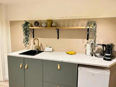a kitchen with a sink and a counter top at Lovely tiny house in Zandvoort