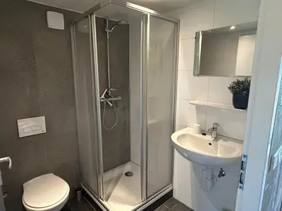 a bathroom with a shower and a toilet and a sink at Camping De Boerinn in Kamerik