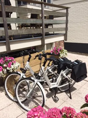 two bikes parked next to a bench with flowers at Hotel Stad en Land in Alkmaar