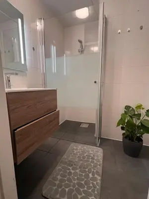 a bathroom with a shower and a sink and a mirror at Amsterdam Centraal in 10 minutes - nearby metro in Amsterdam