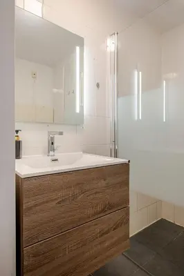 a bathroom with a sink and a mirror at Amsterdam Centraal in 10 minutes - nearby metro in Amsterdam