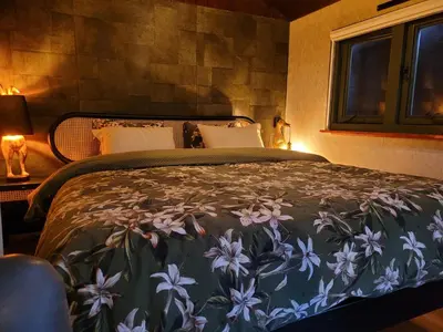 a bedroom with a large bed with a floral bedspread at B&B 't Maartensdijkse Bos in Maartensdijk