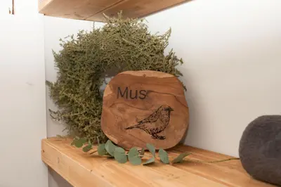 a rock with a picture of a bird on a shelf at Het Groeneveld in Oudkarspel