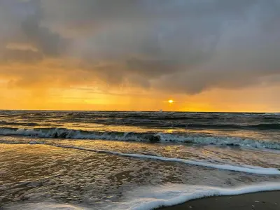 a sunset on the beach with the ocean at Sterflat 67 in Egmond aan Zee