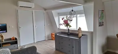 a living room with a vase of flowers on a cabinet at Have a nice stay! - De Pottenbakkerij in Noordwijk