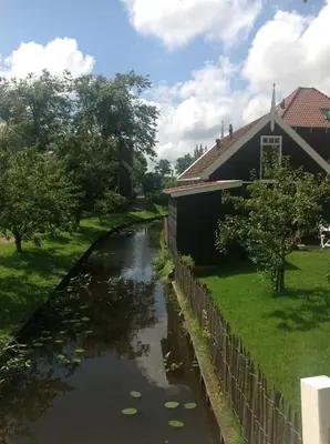 a river with leaves in it next to a building at Tiny house Watergang in Watergang