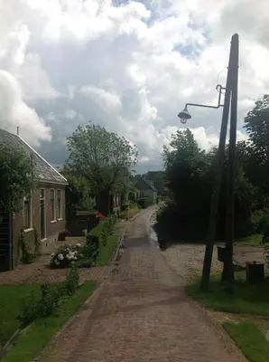 a brick road with a street light next to a house at Tiny house Watergang in Watergang