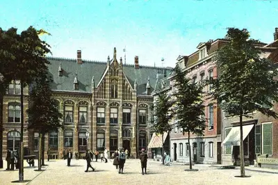 a drawing of a building with people walking in front of it at Het Pakhuis Haarlem in Haarlem