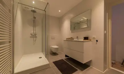 a bathroom with a shower and a sink and a toilet at Hofje van Sint Jan in Gouda