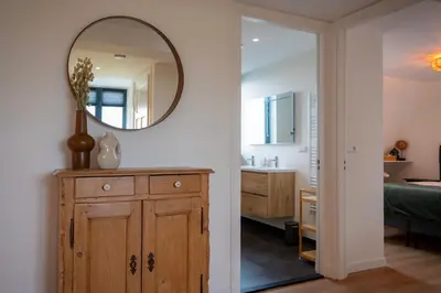 a bathroom with a mirror and a dresser with a sink at 8 persons waterfront Villa Tulpenacker in Roelofarendsveen