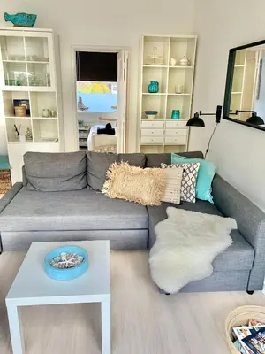 a living room with a gray couch and a table at Apartment Sunflower Zandvoort in Zandvoort