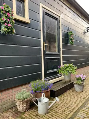 a house with three potted plants on the front porch at Apartment In de Wolken in Oostwoud