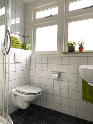 a bathroom with a toilet and a sink and a window at Apartment In de Wolken in Oostwoud