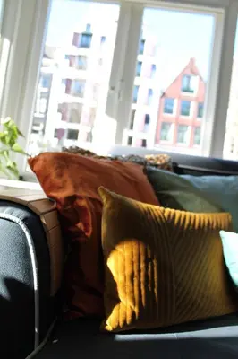 a couch with pillows on it in a living room at Houseboat Orpheus in Amsterdam