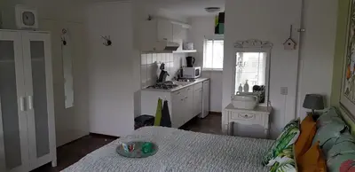 a small kitchen with a stove and a sink at Huize de Weijde Blick in Wijk aan Zee