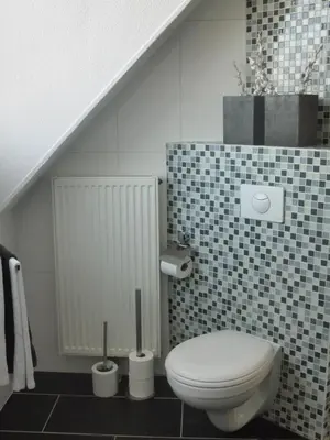 a bathroom with a toilet sitting under a staircase at Huize de Weijde Blick in Wijk aan Zee