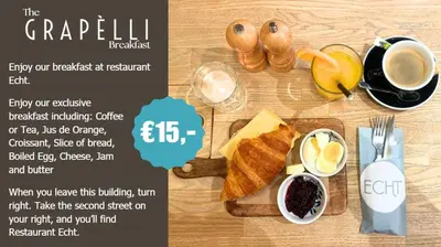 a flyer for the grapefruit breakfast with a cup of coffee at Grapèlli Boutique Hotel in Alkmaar
