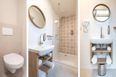 two images of a bathroom with a sink and a toilet at Grapèlli Boutique Hotel in Alkmaar