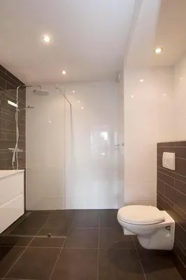 a bathroom with a toilet and a glass shower at Sterflat 107 in Egmond aan Zee