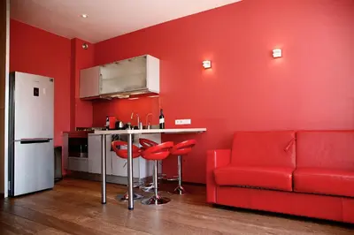 a kitchen with red walls and a red couch at Prinsenhuis in Amsterdam