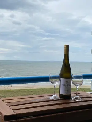 a bottle of wine and two glasses on a table with the beach at Sterflat 173 in Egmond aan Zee