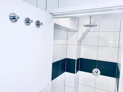 a bathroom with a shower with blue and white tiles at The White Tulip Hostel in Amsterdam