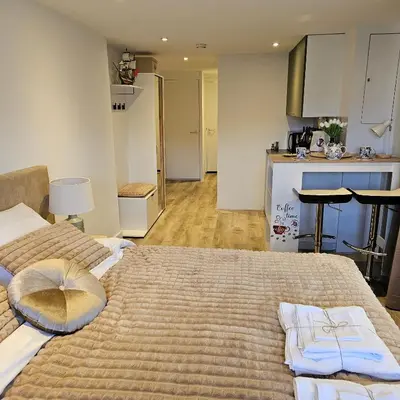 a bedroom with a large bed and a kitchen at Il Mulino House A in Lisse