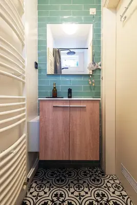 a bathroom with a sink and a mirror at Historical Tiny Home (+Private Sauna) in Zandvoort