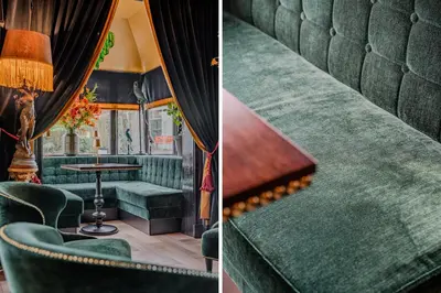 two pictures of a bar with a green couch at Boutique Pension Code Rosé in Noordwijk