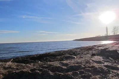 a beach with the sun shining on the water at Aan de Dijk in Edam