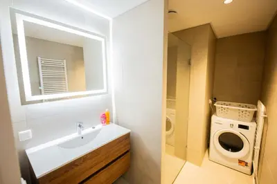 a bathroom with a sink and a washing machine at Alphabet Apartments - Kerkstraat 71 in Hilversum