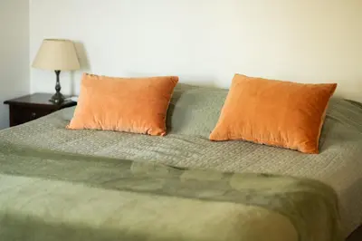 a bed with two orange pillows on top of it at Kleinhoef - charmante, luxe kamers in een boerderij uit 1875 in Nigtevecht