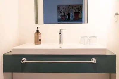 a bathroom sink with a bottle of soap on it at Kleinhoef - charmante, luxe kamers in een boerderij uit 1875 in Nigtevecht