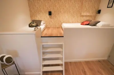a small room with two bunk beds and a ladder at Volendam Lakeside Retreat - 20 min from Amsterdam in Volendam
