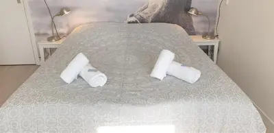 a bed with two white towels and two lamps at Pension Zandvoort aan Zee in Zandvoort