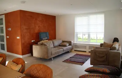 a living room with two couches and a television at Golden Wellness Villa Noordwijk in Noordwijk