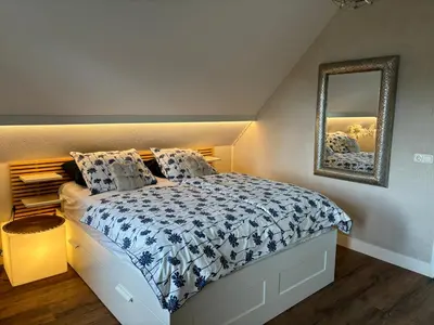 a bedroom with a bed and a mirror at Golden Wellness Villa Noordwijk in Noordwijk