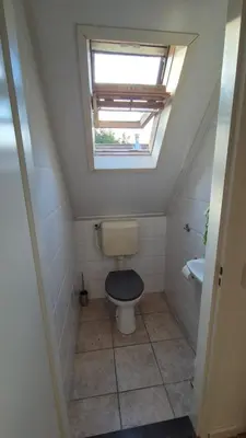 a bathroom with a toilet and a skylight at Bungalow 15 op Recreatiepark De Wielen in Sint Maarten
