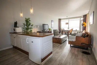 a living room with a kitchen and a living room with a couch at Sterflat 249 in Egmond aan Zee