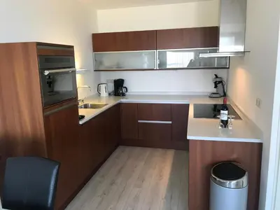 a small kitchen with wooden cabinets and a sink at Sterflat 259 in Egmond aan Zee