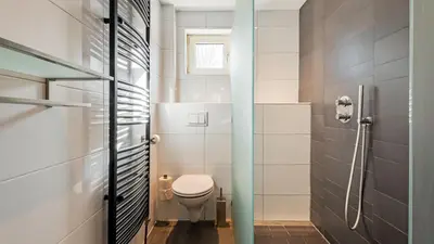 a bathroom with a toilet and a window at Huize Bech in Bergen