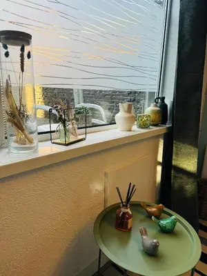 a window sill with a green table and vases on it at Hello Noordwijk - Tiny House Dahliastraat 60 in Noordwijk aan Zee