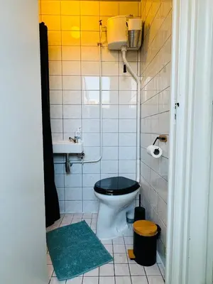 a small bathroom with a toilet and a sink at Hello Noordwijk - Tiny House Dahliastraat 60 in Noordwijk aan Zee