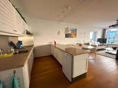 a kitchen with white cabinets and a living room at Sterflat 101 in Egmond aan Zee
