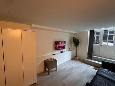 a living room with a couch and a tv on the wall at Tulip House Luxury Apartment - Top Location - Rijksmuseum - Leidseplein AMSTERDAM Central 120 m2 ALL Private with kitchen in Amsterdam