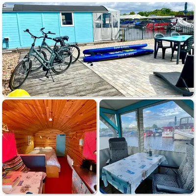 two pictures of a house with a bike and a table at Island Sleeping in Aalsmeer
